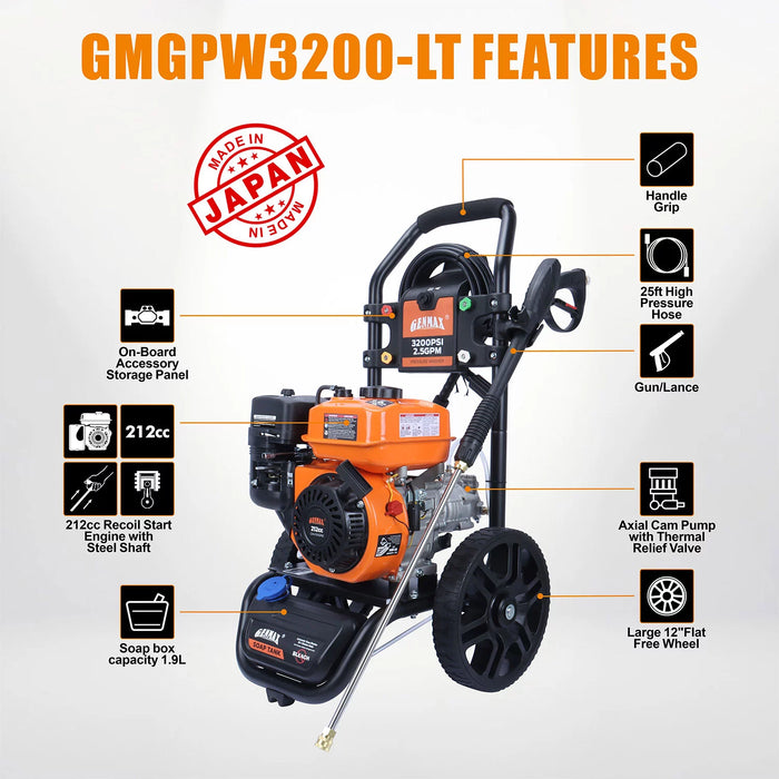 Genmax 3200 PSI 2.5 GPM Gas Powered Pressure Washer With 5 Quick Connect Nozzles - GENMAX (GMGPS3200LT)