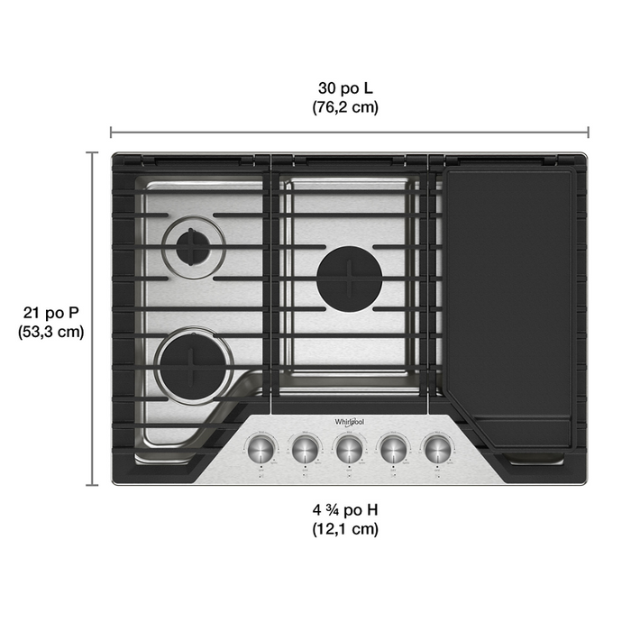 30-inch Gas Cooktop with 5 Burners and EZ-2-Lift™ Hinged Cast-Iron Grates and Griddle (WCGK7530PS)