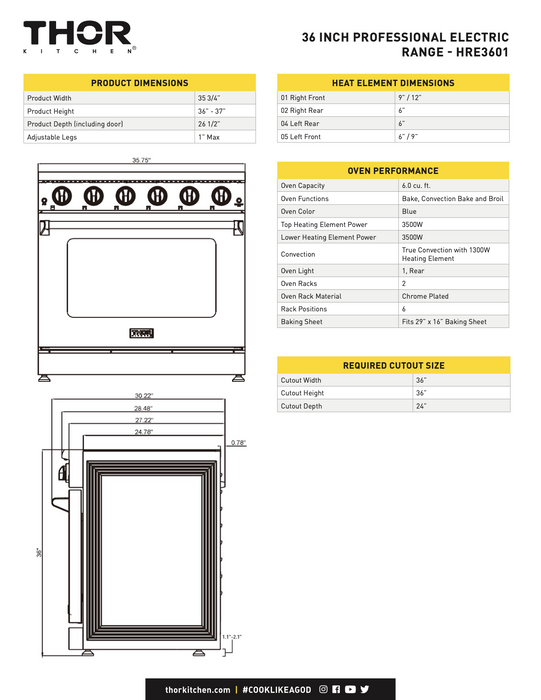 36" Electric Range in Stainless Steel  5 ELEMENTS THOR (HRE3601)