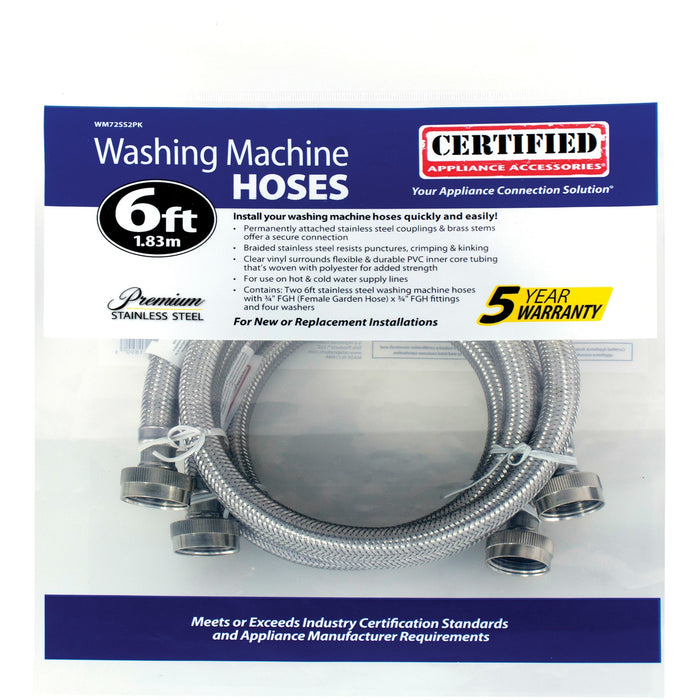 6' WASHING MACHINE HOSES PREMIUM STAINLESS STEEL (WM72S22PK)